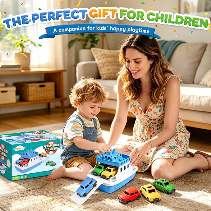 Toy Boat Bath Toys for Toddlers with 4 Mini Car Toys, Kids Water Toys Ferry Boat for Bathtub Bathroom Pool Beach Toys, Birthday Gifts
