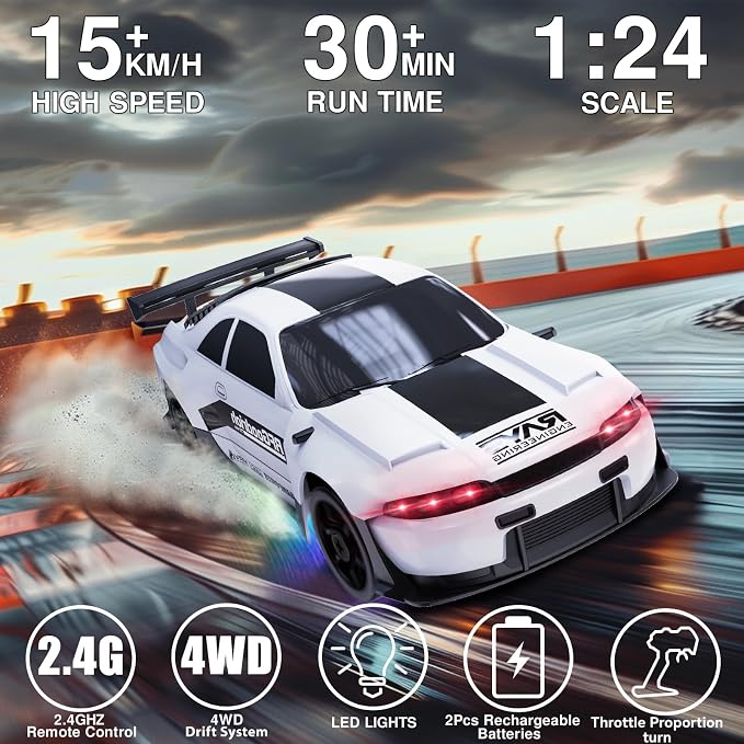 Remote Control Car RC Drift Car 2.4GHz 1:24 4WD 15KM/H High Speed Racing Sport Car with LED Lights Drifting Tire Racing Sport Toy for Adults Boys Girls Kids Gift 2Pcs Rechargeable Batteries