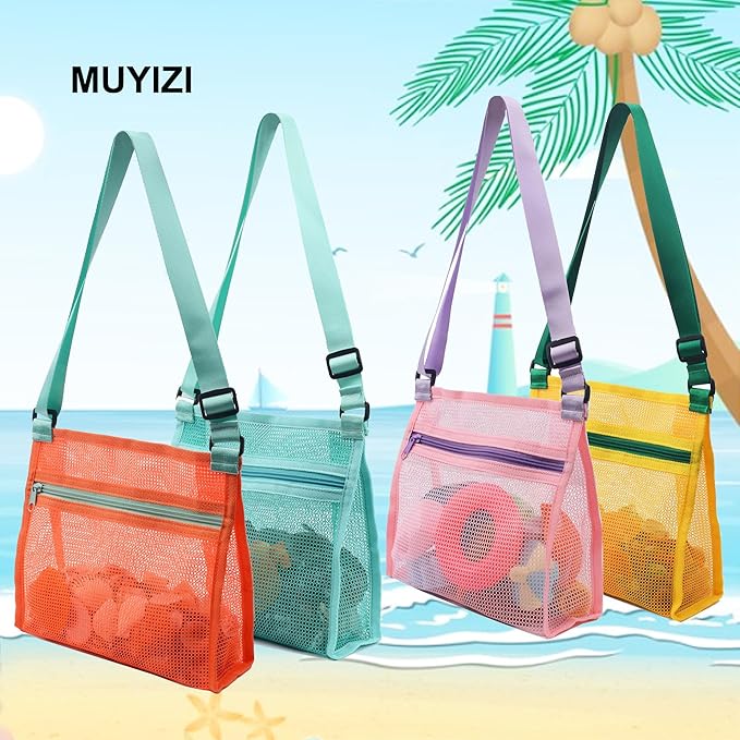 MUYIZI Mesh Beach Bag for Shells Collecting 4 Pack,Shell Bags for Beach,Sea Shell Bags for Picking Up Shells,Beach Shell Bag for Kids, Beach Toys Sand Toys Swimming Accessories for Boys and Girls