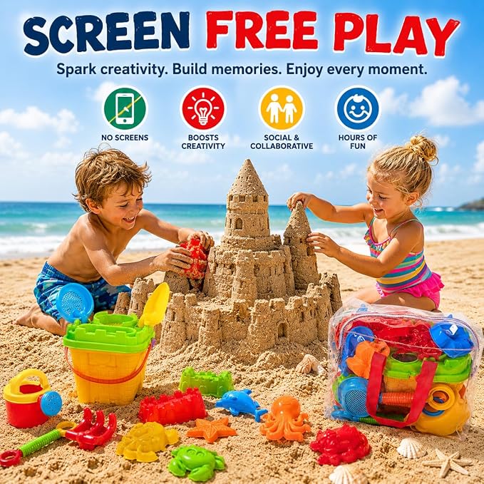 Beach Toys & Sand Toys for Kids Toddlers and Ages 4-12 — 23 Piece Sandbox Toys Set with Reusable Storage Bag, Sand Castle Building Kit, Animal Molds, Shovels, Rake, Sifter & Watering Can
