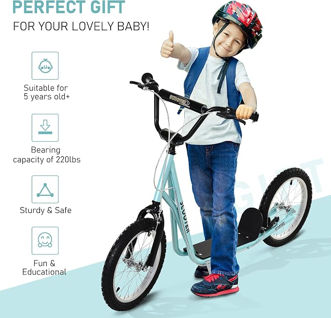 Aosom Youth Scooter Kick Scooter for Kids 5+, Max Load 220 LBS., with Adjustable Handlebar, 16" Inflatable Wheels, Dual Brakes