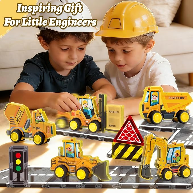 3D Construction Vehicle Toys for Kids Magnetic Tiles & Blocks, 5pcs Preschool STEM Educational Learning Toys Inc Excavator Bulldozer Forklift Dump Truck Digger Compat Magnet Tiles