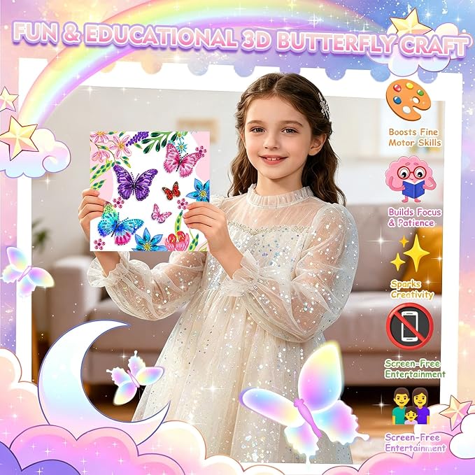 LCOZX 3D Fluttering Butterfly Diamond Art Kit for Kids Ages 8-12–Sparkling Gem Painting with Wooden Stand, Easy Arts & Crafts for Girls & Boys, Unique Birthday Gift & Bedroom Decor