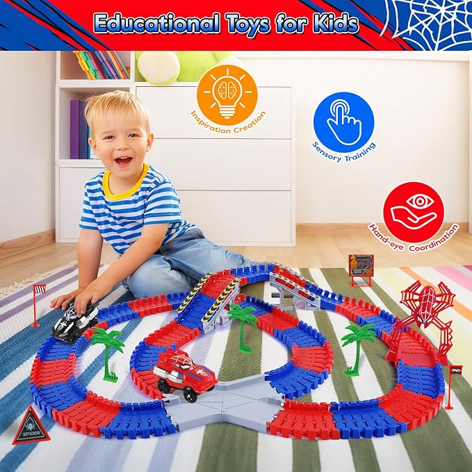 Spider Toys for Boys 4-6, 212 PCS Race Car Track for Kids Ages 4-8, Monster Truck 3+ Year Old Birthday Gift Toddler Cars Toy for 3+ Year Old Boy Girl