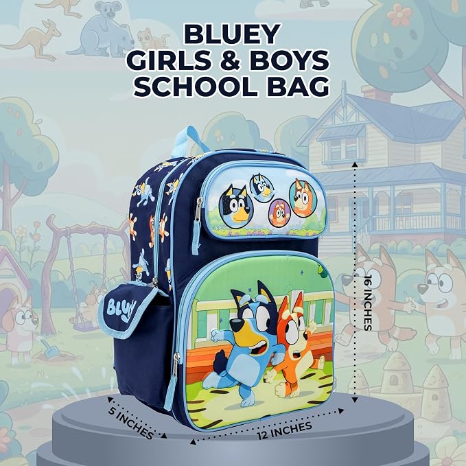AI ACCESSORY INNOVATIONS Bluey Backpack for Girls & Boys, 16 Inch School Bag with 3D Molded Front Pocket, Blue