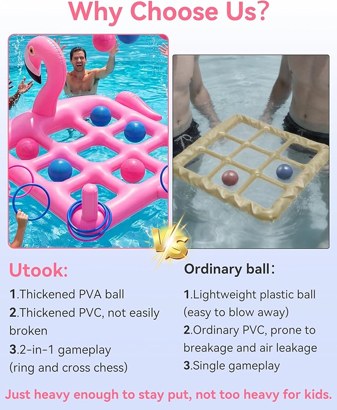 Utook Pool Party Toys Games Set -Giant Tic Tac Toe Pool Toy- 2-in-1 Inflatable Games -Thickened Leak-Proof PVC, Outdoor Water Toys for Toddlers Kids Age 4+, Use in Pool Beach Lawn