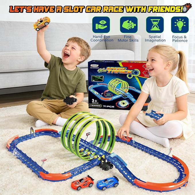Glow Toy Car Race Track Set, 71 Pcs Glow-in-The-Dark Tracks for Kids Ages 3-8, Electric Speed Car Light-Up Whole Slot Track, Track-Building with 360° Magic 3 Loops, 1:64 Scale Vehicle, Boys Girls Gift