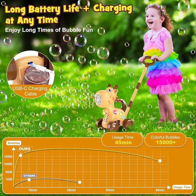 Nicmore Automatic Bubble Machine for Toddler 1-3: Giraffe Bubble Lawn Mover Outdoor Toy for 1 2 3 4 5 Year Old Boy Girl - Push or Handheld Bubble Maker Blower for Age 1-3 Kids Birthday Gifts