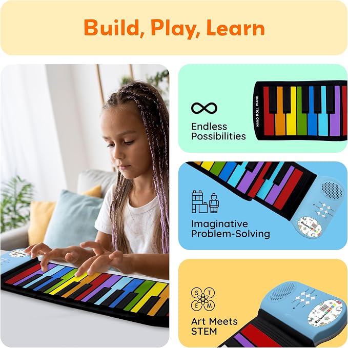 PicassoTiles Electronic Piano 49Key Flexible Roll-Up Keyboard with Recording Feature 8 Tones 6 Demo Songs Built-in Speaker Educational Music Toy for Kids Toddlers Boys Girls Rainbow Color Design PT49
