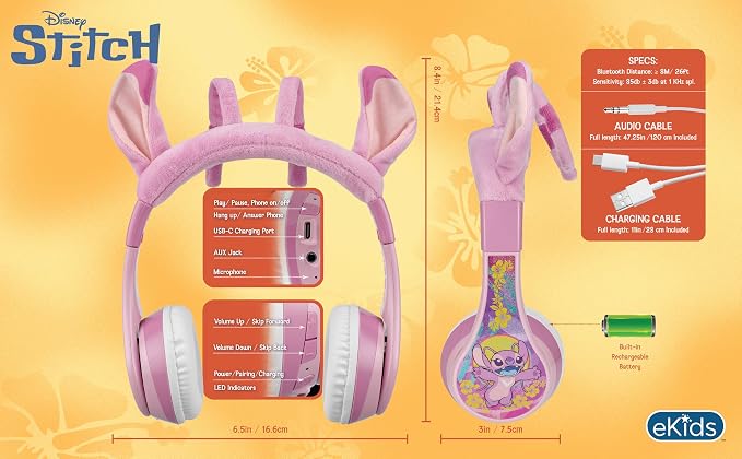 Disney Stitch Angel Bluetooth Headphones for Kids, Wireless Headphones for School, Home, or Travel (Angel)