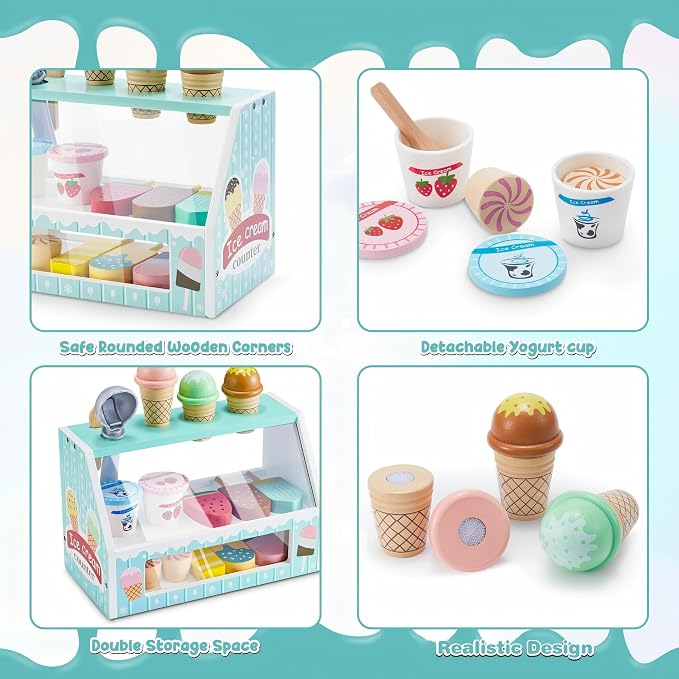 WHOHOLL Wooden Ice Cream Counter Playset for Toddler Girl Toys, Play Store Pretend Toy Food Play Kitchen Accessories with Fake Money & Coin, Christmas Birthday Gifts for 3+ Year Old Kids (Green)
