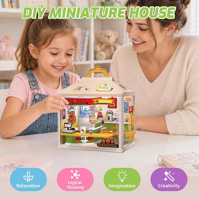 MINDNOOK DIY Miniature House Kit, LED Light-Up Dollhouse, Mini Dollhouse Building Set with Furniture, Craft Hobby Gift for Adults, Teens & Kids Ages 6+ (Teppanyaki)