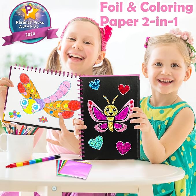 FUNNYB&G Foil Art Craft Kit for Girls 4-10 Years Old: Mess-Free & No-Glue, Create 16 Sparkly Interesting Insects Pictures – Perfect Travel Toy & Birthday Gift for Kids (Insects)
