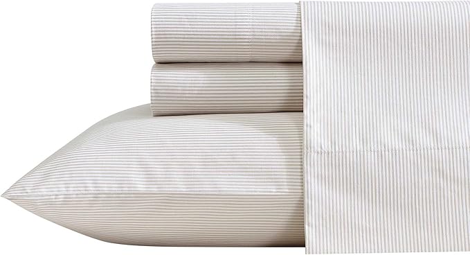 Nautica - Full Bed Sheets, Lightweight Cotton Percale Bedding Set with Matching Pillowcases, Crisp & Cool, Oeko-Tex Certified (Penny Pinstripe Brown)