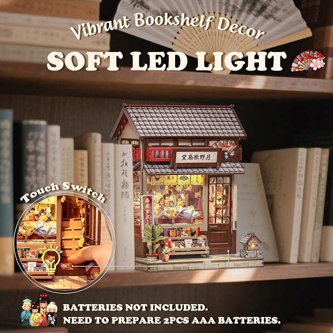 Cutefun Book Nook Kits for Adults, DIY Miniature Dollhouse Booknook Kit, Japanese Mini House Building Kit with LED, 3D Wooden Puzzle Bookshelf Insert Decor Creative Gifts for Teens (Folding Fan Shop)