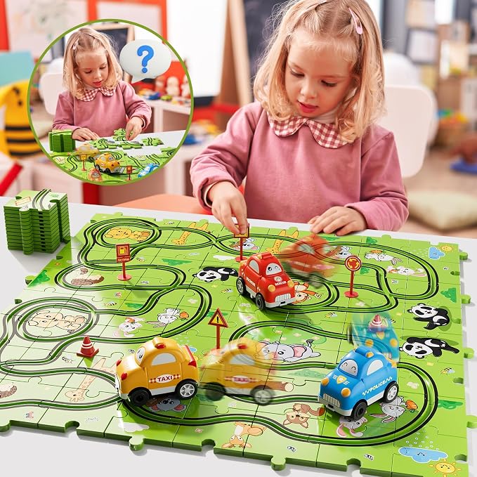 Bennol Toddler Car Toys Gifts for 2 3 4 5 Year Old Boys 73PCS Jigsaw Puzzle Race Track Car Set Toys for Kids Toddlers 1-3 2-4 3-5 4-6 Puzzle Race Car Tracks Birthday Gifts for 2 3 4 5 Year Old Boy