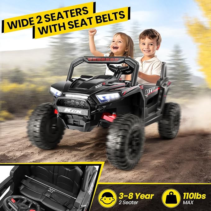 Hikole 24Volt Ride on Toys for Big Kids 2 Seater, 4WD UTV Kids, Ride On Cars for Boys&Girls with Parent Remote, Shock Absorption, Wide Seat for 2 Persons, Dashboard/Music/Horn/Bluetooth/LED, Black