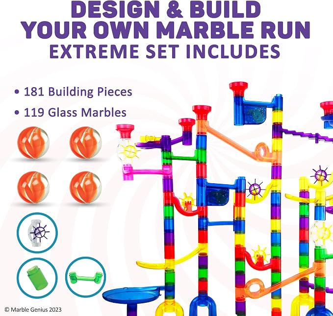 Marble Genius Marble Run Extreme Set, STEM Toys & Maze Construction Building - 300 Translucent Track Pieces & Glass Marbles for Family, Kids Toddlers Ages 4-8 - Fun Holiday Creative Gifts