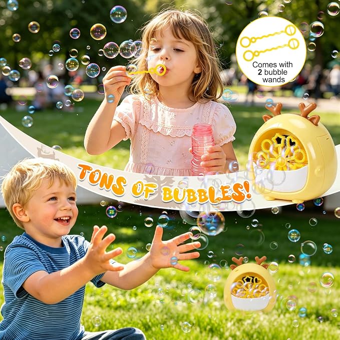 JONEG Bubble Machine Toys for Kids 3-8 Years Old - Bubble Blower Maker with Solutions, Outdoor Toy, Birthday Gift for 3 4 5 6 7 8 Year Old Girls Boys Toddlers (Deer-Yellow)
