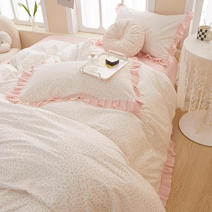 Pink Flower Comforter Set Twin XL 3 Pieces Ruffle Comforter Botanical Floral Pattern Romantic Princess Bedding Comforter Set with 2 Pillowcases Soft Fluffy Cottagecore Bedding Set for Teen Girls