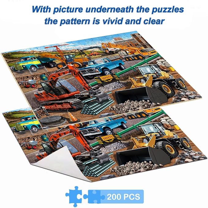 Puzzles for Kids Ages 6-8-10, Construction Site 200 Piece Puzzles for Kids,Fun Bulldozer & Truck Puzzle toyToys for Boys and Girls