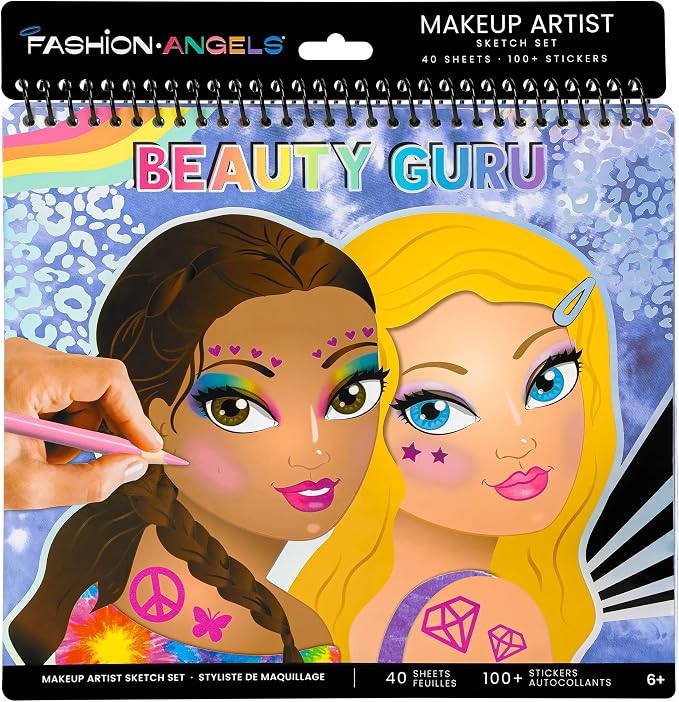 Fashion Angels Make-up & Hair Design Sketch Portfolio, Includes 40 Sketch Sheets, 4 Stencil Sheets & Stickers, Sketchbook for Beginners & Kids Ages 6+