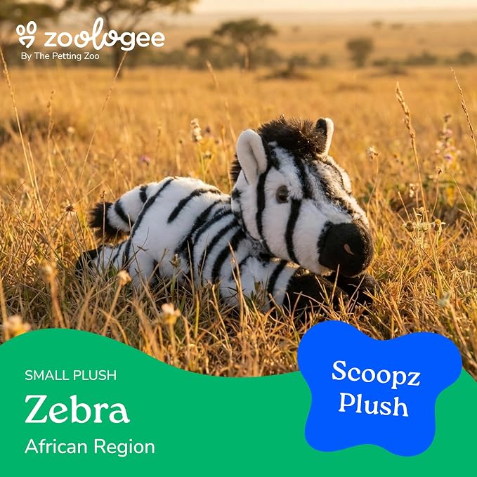 The Petting Zoo Zebra Stuffed Animal Plushie, Gifts for Kids, Scoopz Wildlife Animals, Zebra Plush Toy, 8 inches