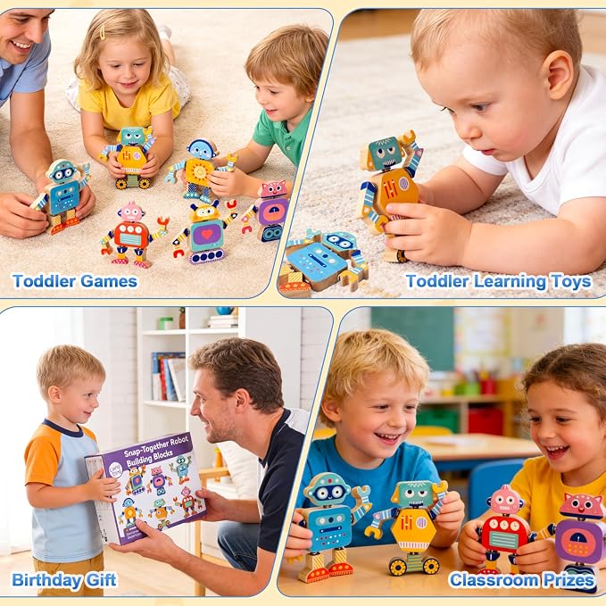 Wooden Snap-Together Robot Building Block Set, Montessori STEM Take-Apart Toy, 33-Piece Fine Motor Skills Learning Toy with Poseable Limbs for Different Robot Poses,for Kids Ages 3-6 with Storage Bag