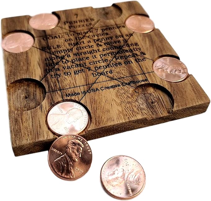 Creative Crafthouse 7 Pennies Puzzle, Wood Coin Brain Teaser, Made in USA | The real US cents are included, nothing else to buy. Slide each one in a straight line to its circle. A 3.6 inch desk gift