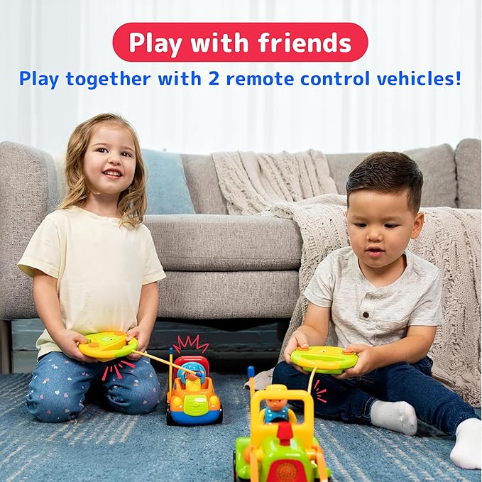 PREXTEX 2 Pack Remote Control Cars for 3-5 Year Old Boys - Truck and Tractor Toddler Toys with Easy Controllers - Sound and Light Play Features - Fun Birthday Gift Toy for Kids
