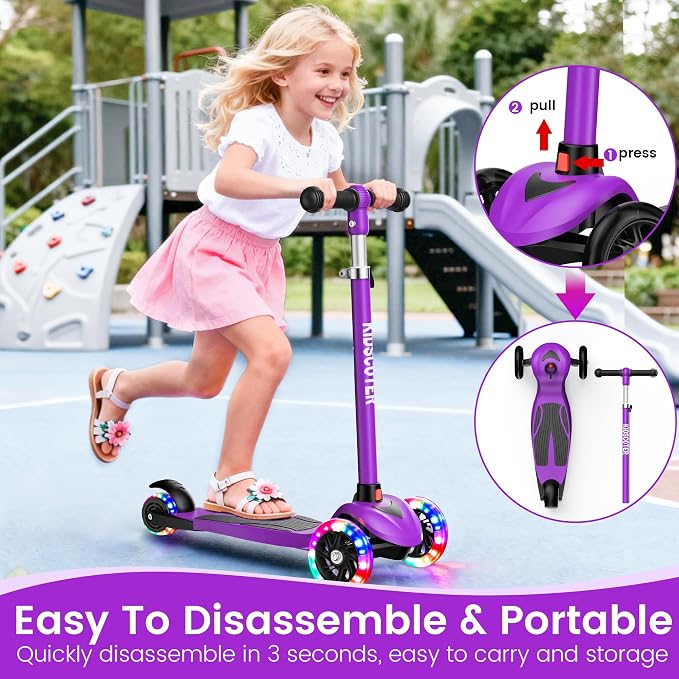 Multicolor Kids Scooter for Ages 3-12, 3 Wheel Lean to Steer Scooter with LED Light-Up Wheels, Adjustable Handlebar, Detachable Easy Storage for Boys & Girls