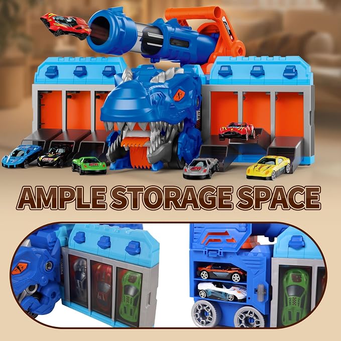 STBEIMEIMY T-Rex Dinosaur Truck, Foldable Storage & Ejection Shooting with 10 Cars Foldable Carrier Stores 10 Cars & 12 Balls, Fun Shooting Game, Sturdy for Active Play, Great for Travel