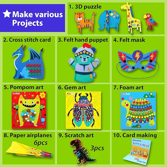 KRAFUN Toddler Art and Craft Kit, Preschool Educational Activities with 10 Envelope Projects - Origami, Puppets, Lacing & Pompoms, Creative DIY Gifts for Boys and Girls Ages 3-5