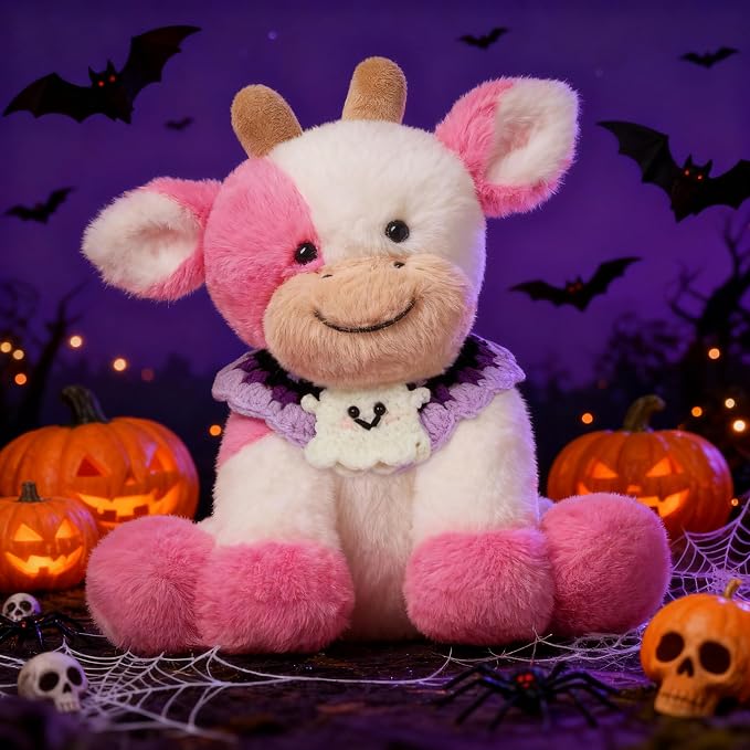 Hopearl Adorable Halloween Plush Cow Toy with Knitted Cute Ghost Bib Floppy Kawaii Dairy Cattle Soft Stuffed Animal Gifts for Boys Girls Kids Toddlers, Pink, 9''