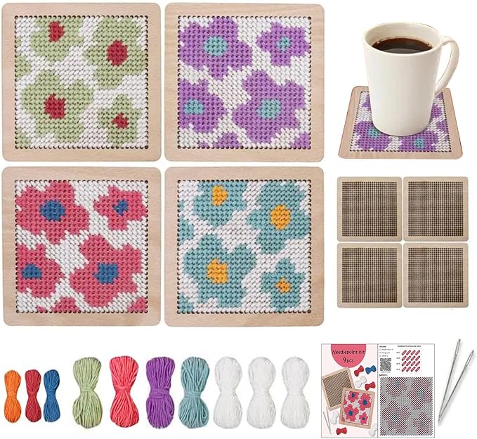 Yushen 4Pcs Flower Coaster Needlepoint Kit for Adult Cross Stitch Kits DIY Adults Needlepoint Embroidery Starter Set with Patterns Embroidery Needles Threads Crafts (Flower)
