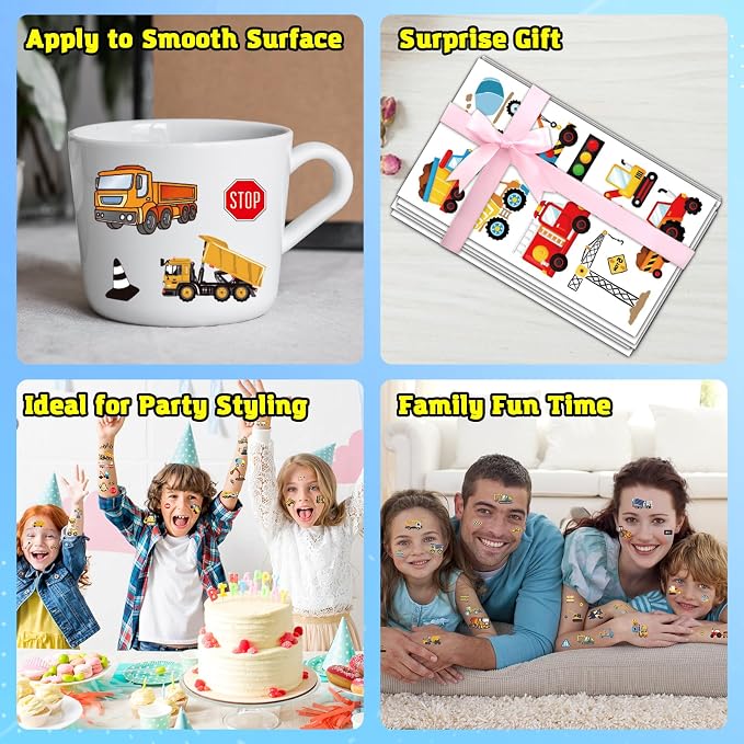 10 Sheets Construction Trucks Temporary Tattoo for Kids, 120 Pcs Vehicles Fake Tattoos for Boys Party Favors, Cars Birthday Supplies Decorations