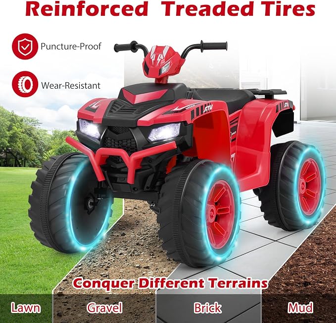Costzon Kids ATV, 24V Four Wheeler Quad Ride on Car w/Forward/Backward, 2 Speeds, Wireless Connection, Music, Radio, LED Lights, Electric Vehicle Toddler 4 Wheeler for Kids, Boys & Girls 3-8 (Red)