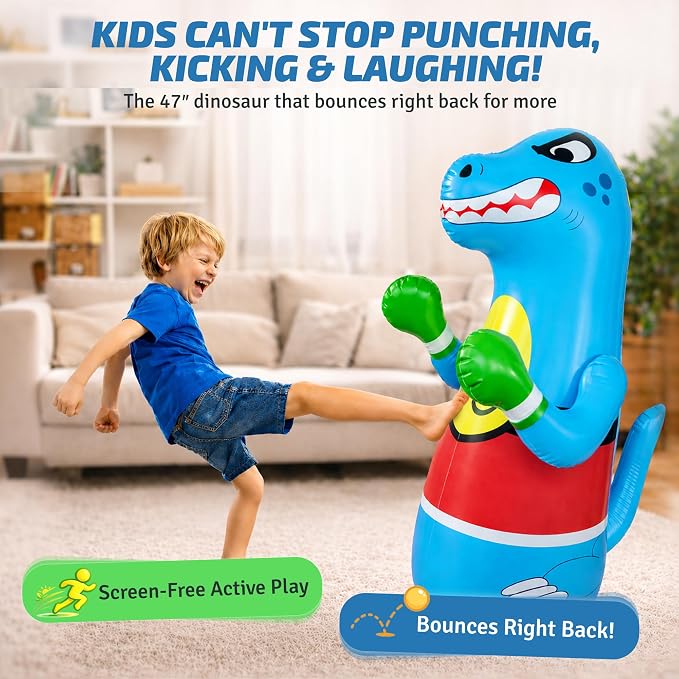 Preferred Toys 47" Inflatable Dinosaur Punching Bag for Kids - Durable Blow Up Kids Punching Bag with Bounce Back Base - Inflatable Indoor Outdoor Active Toddler Bop Play Toy