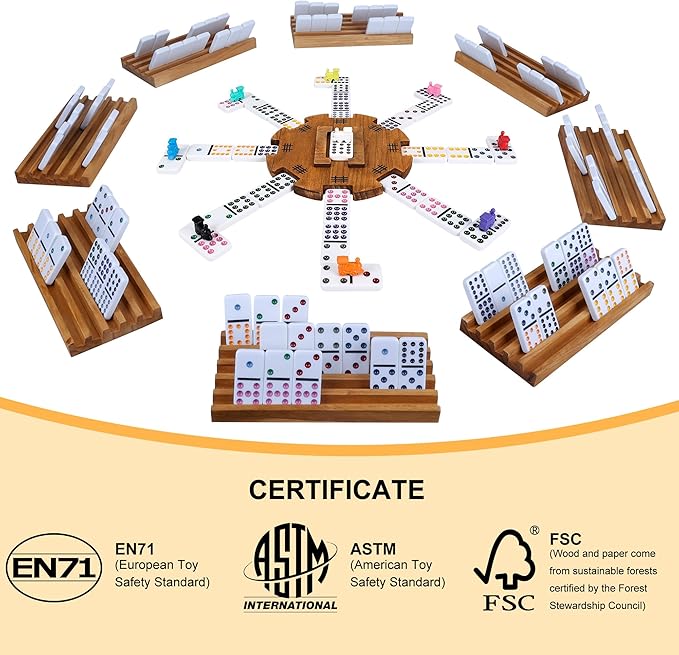 Offelec Mexican Train Dominoes Set with 8 Holders, Double 12 Dominos Set for Adults, Mexican Dominoes Train for Kids and Family Game, Mexican Train Games with 91 Colored Tile Dominos and Wooden Box