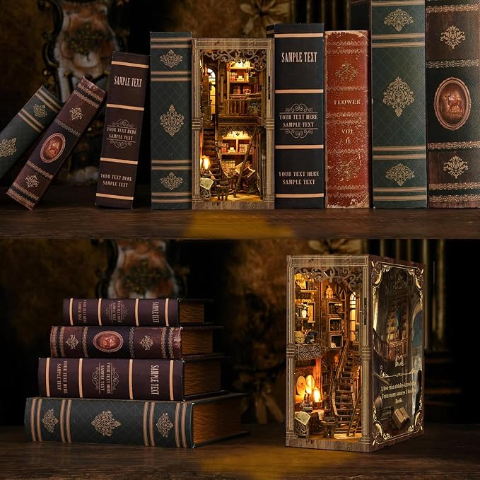 Book Nook Kit for Adult Miniature Model Build Dollhouse Kit 3D Wooden Puzzle with Sensor Led Light for Bookshelf Bookend Decor Adults Teen Craft(Classical Book Collection Room), 1Pack
