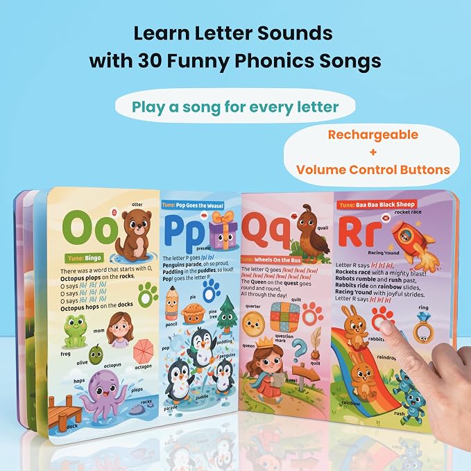 GO GO 30 Funny Phonics Songs Sound Book, A-Z Letter Sound Songs, USB-C Rechargeable, Preschool & Kindergarten Learn to Read for 3 Year olds, Perfect Toy and Gift for Toddlers, Ages 2 3 4+