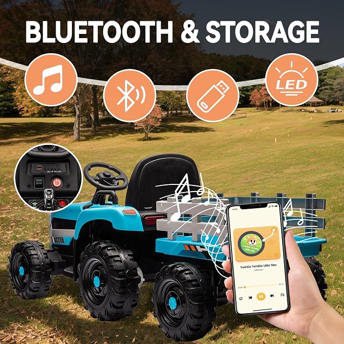 24V Ride on Tractor with Trailer, 400W Electric Car for Kids, Toddler Ride On Toy W/Remote Control, 3 Speed Adjustable, MP3, Bluetooth, LED Light, Blue