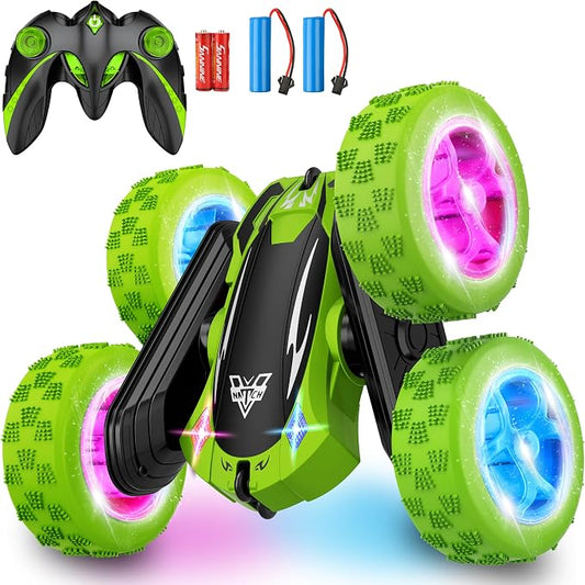 KKONES Remote Control Car, 2.4GHz Electric Race Stunt Car, Double Sided 360° Rolling Rotating Rotation, LED Headlights RC 4WD High Speed Off Road Gift for 3 4 5 6 7 8-12 Year Old Boy Toys (Green)