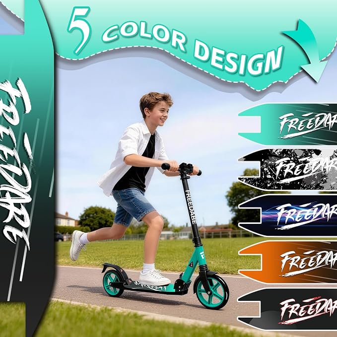 FREEDARE Kick Scooter for Kids & Adults Ages 8+, Foldable Teen Scooter with 2 Big 8-inch Wheels and 4-Level Adjustable Handlebar, Max Load 220 LBS