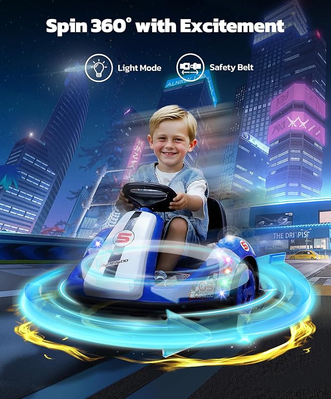 ELEMARA Bumper Cars for Toddlers with Big Wheel,2.2 Mph Max,12v Electric Ride On Toys with Remote Control, 360 Degree-Spin Baby Bumper Car with DIY Stickers, Bluetooth, Music, LED Light, Navy Blue