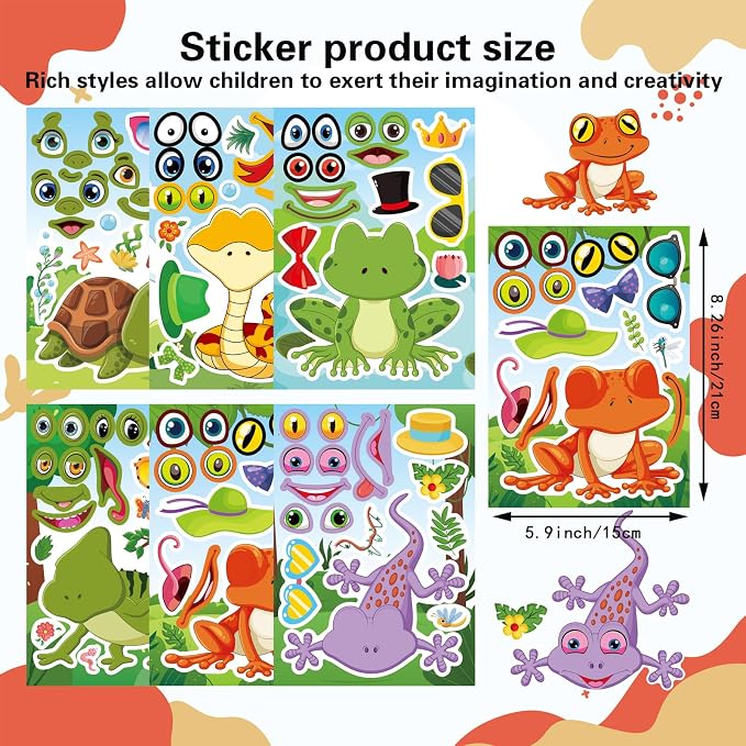 24 PCS Make-a-face Sticker for Kids, Make Your Own Reptile Animal Mix and Match Sticker with Snakes, Lizards, Frogs, Turtles, Kids Party Favor Supplies Craft