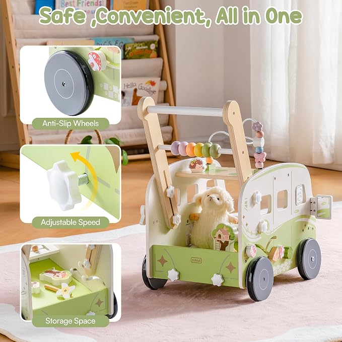 ROBUD Wooden Baby Walker, Height & Speed Adjustable Baby Push Walker with Anti-Slip Wheels, Developmental Activity Center with Forest Toys for 12-36 Months，Green