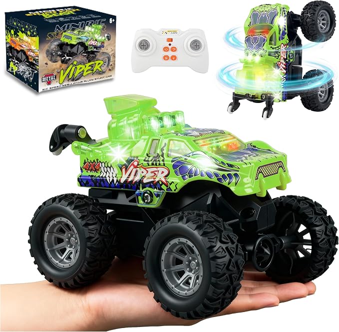 BEZGAR Monster Truck Toys - 2.4GHz 1:64 Remote Control Car with Colorful Lights, 360° Spins, Metal Shell - Remote Control Monster Truck for Boys Girls Age 6, 7, 8, 9, 10 Years Old(Green)