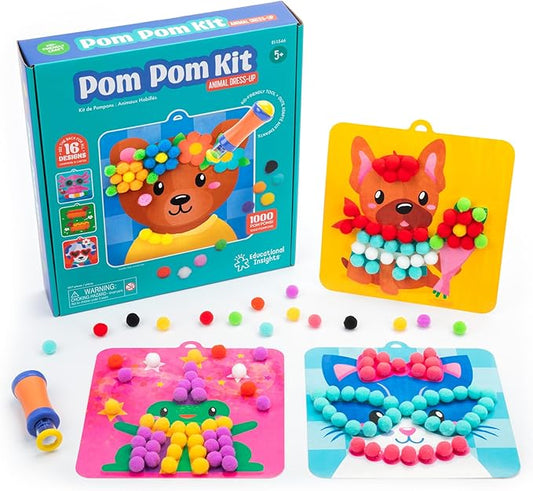 Educational Insights Pom Pom Kit: Animal Dress Up - Arts and Crafts for Kids 4-6, DIY Arts & Crafts Kits, Kids No Mess Activities, Preschool and Kindergarten Crafting Set, Toddler Craft Supplies