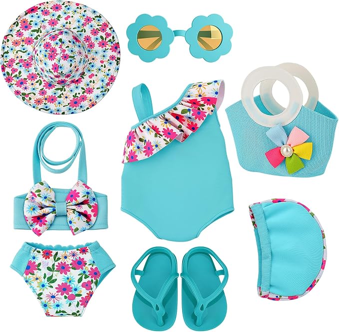 Kajaia 8 Pcs Light Blue 18 Inch Doll Clothes and Accessories Doll Swimsuit Dress Flip Flops Hat Outfit Swimsuit Accessories